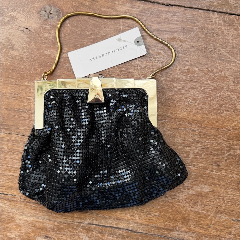 Anthropologie elegant black sequenced and gold embellishments evening clutch